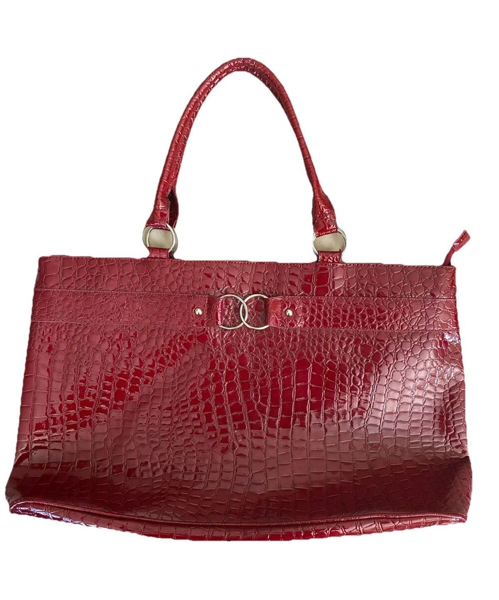 Y2K Red Patent Croc Embossed Large Tote Bag Zip Top Silver Hardware Lined Pocket